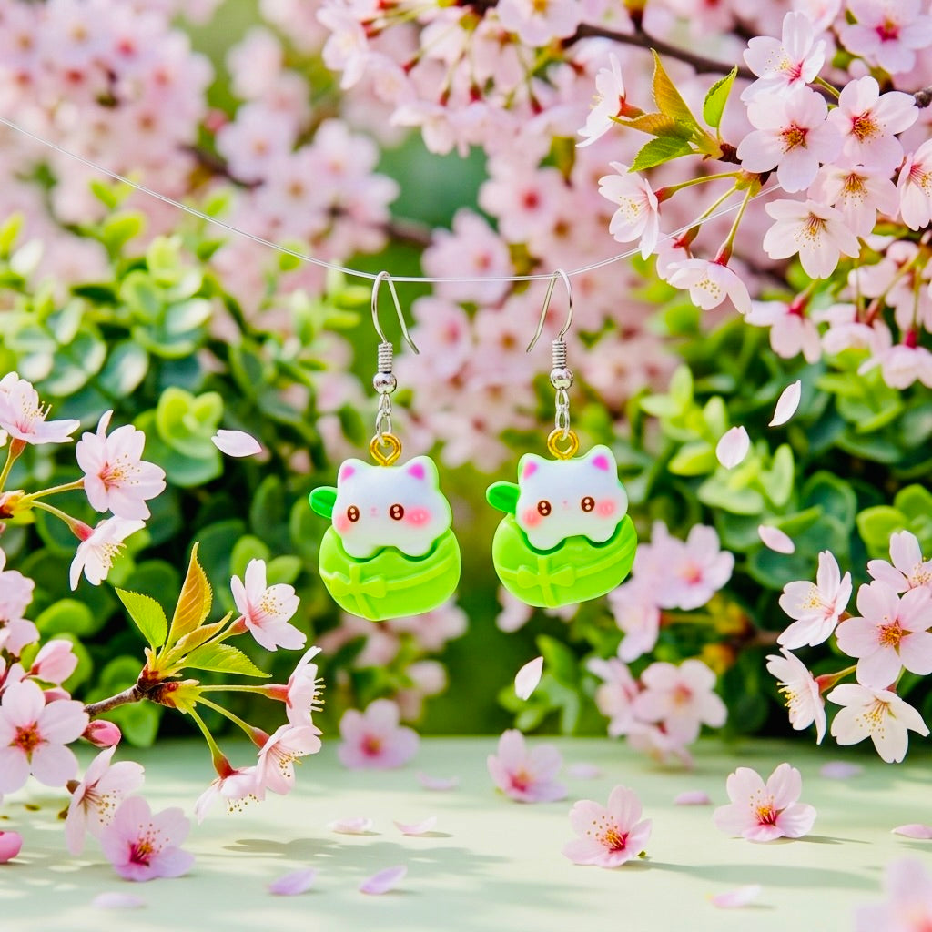 Leafy Cats Gifts Adorable Kawaii Acrylic & Resin Dangle Earrings | Cute Japanese Aesthetic Gift