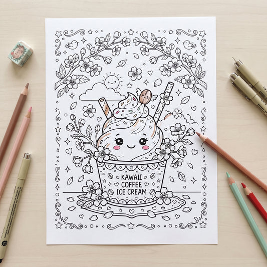 Kawaii Coffee Ice Cream 8.5"x 11" Digital Coloring Page