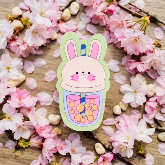 Boba Bunny Kawaii Glossy Vinyl Sticker | Waterproof 2.5" Cute Aesthetic Decal for Water Bottles, Laptops, & Journals