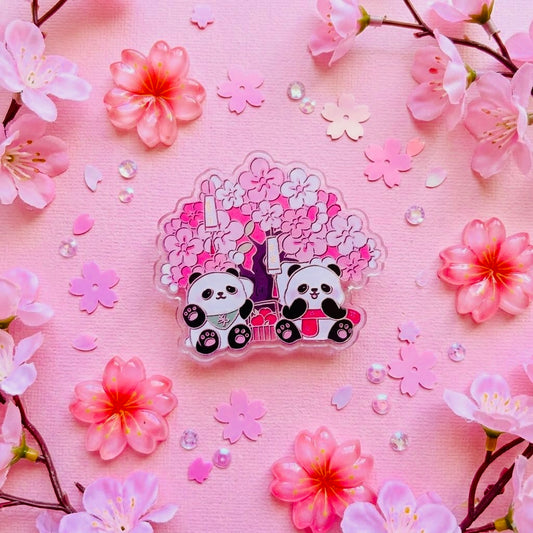 Flowered Panda Duo Cute Kawaii Acrylic Pin – Durable Pastel Lapel & Ita Bag Flair | Gift for Anime & Stationery Lovers