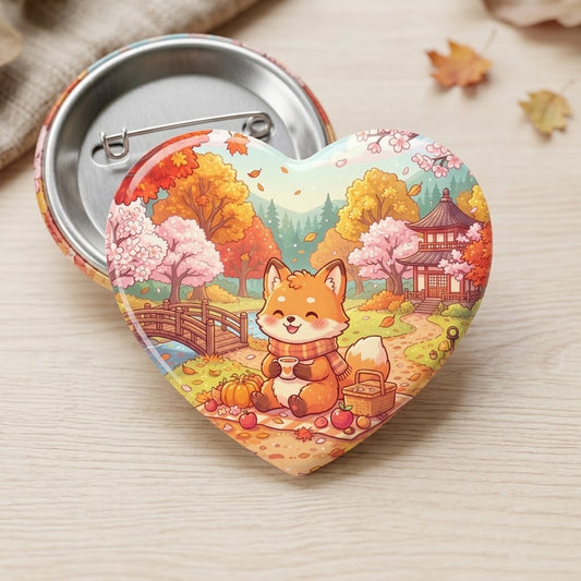 Autumn Fox Picnic Heart Button Pin