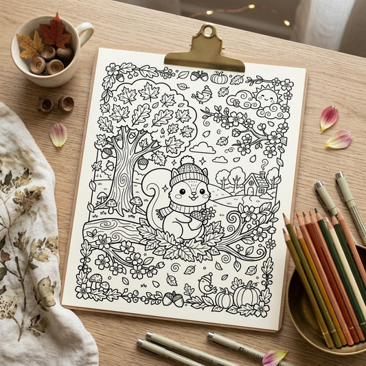 Autumn Squirrel 8.5"x 11" Digital Coloring Page