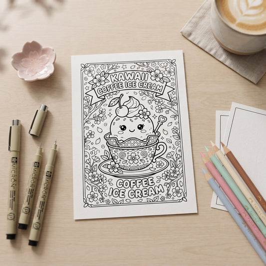 Kawaii Coffee Ice Cream Mini 4"x 6" Digital Coloring Page