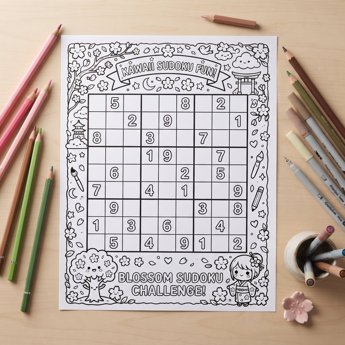 Kawaii Sudoku Fun 8.5"x 11" Digital Coloring Page