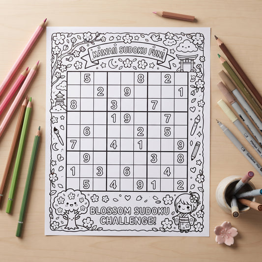 Kawaii Sudoku Fun 8.5"x 11" Digital Coloring Page