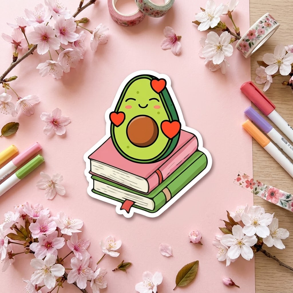 Avocado Book Stack Kawaii Glossy Vinyl Sticker | Waterproof 2.5" Cute Aesthetic Decal for Water Bottles, Laptops, & Journals