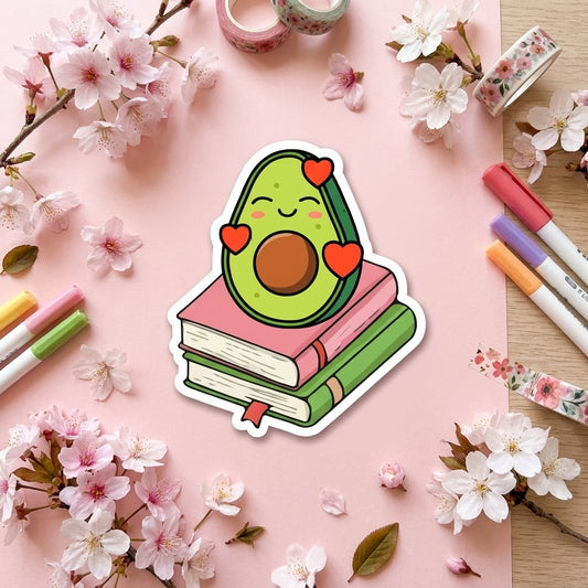 Avocado Book Stack Kawaii Glossy Vinyl Sticker | Waterproof 2.5" Cute Aesthetic Decal for Water Bottles, Laptops, & Journals