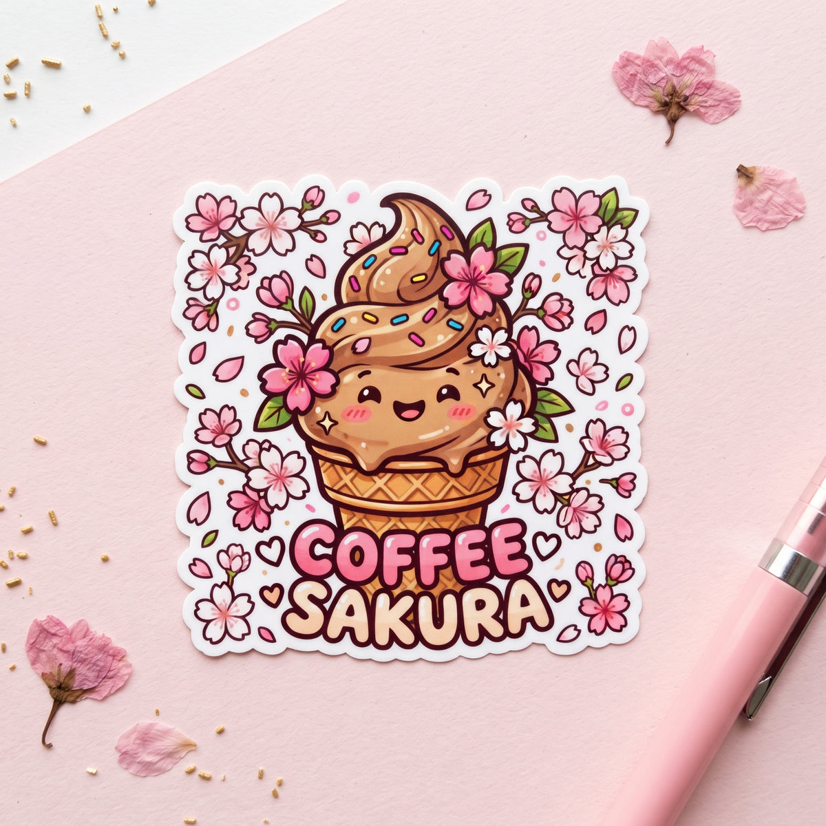 Coffee Sakura Holographic Vinyl Sticker