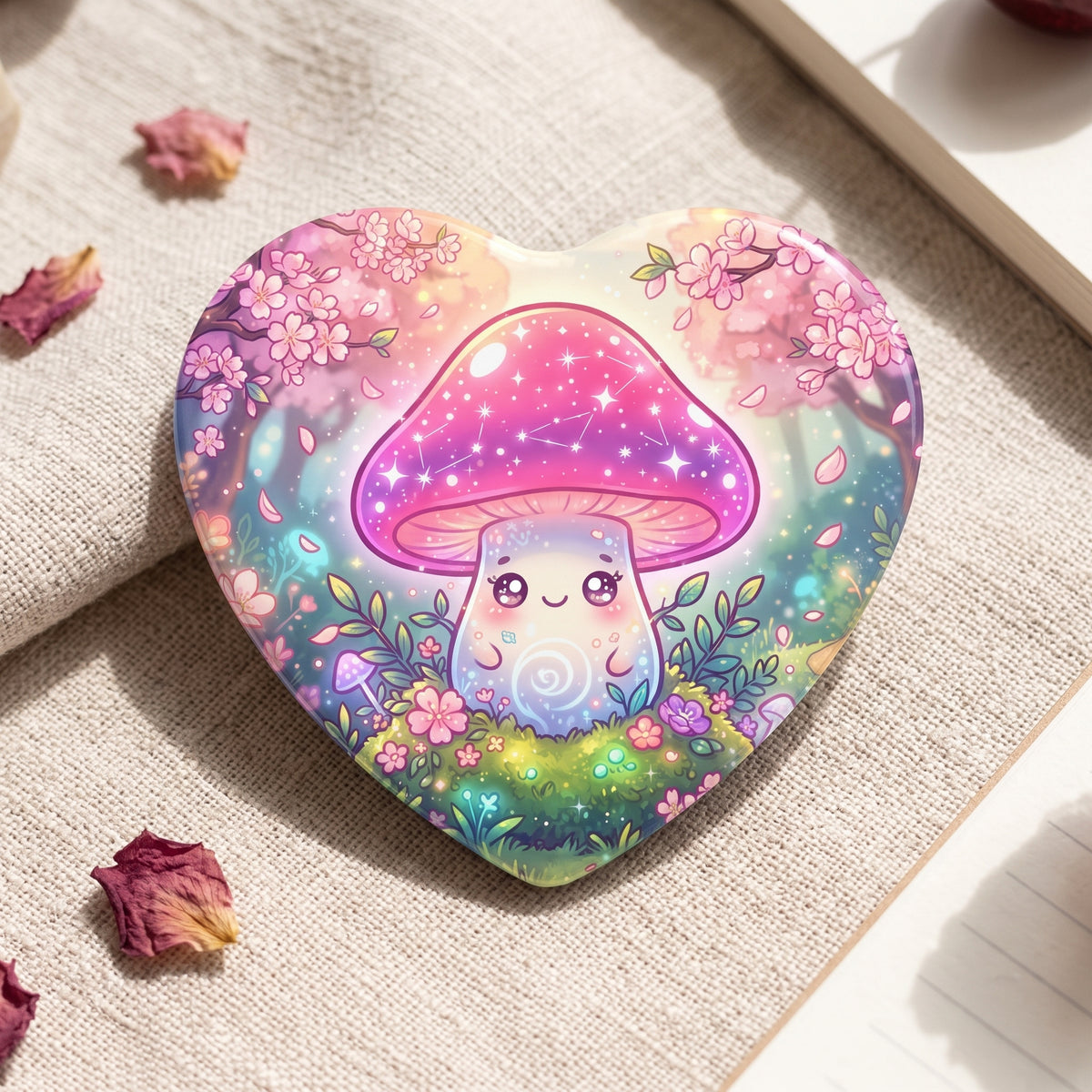 Glowing Magic Mushroom Heart Button Pin