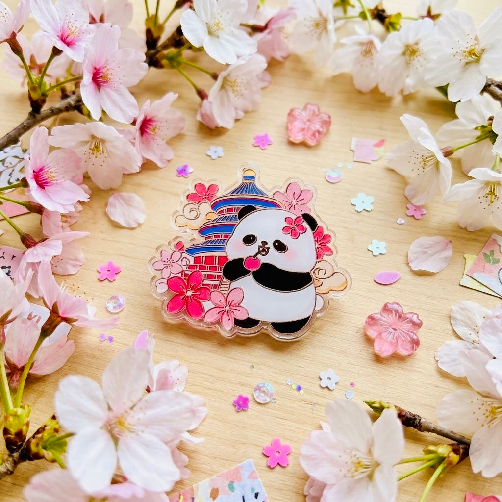 Flowered Panda Cherry Cute Kawaii Acrylic Pin – Durable Pastel Lapel & Ita Bag Flair | Gift for Anime & Stationery Lovers
