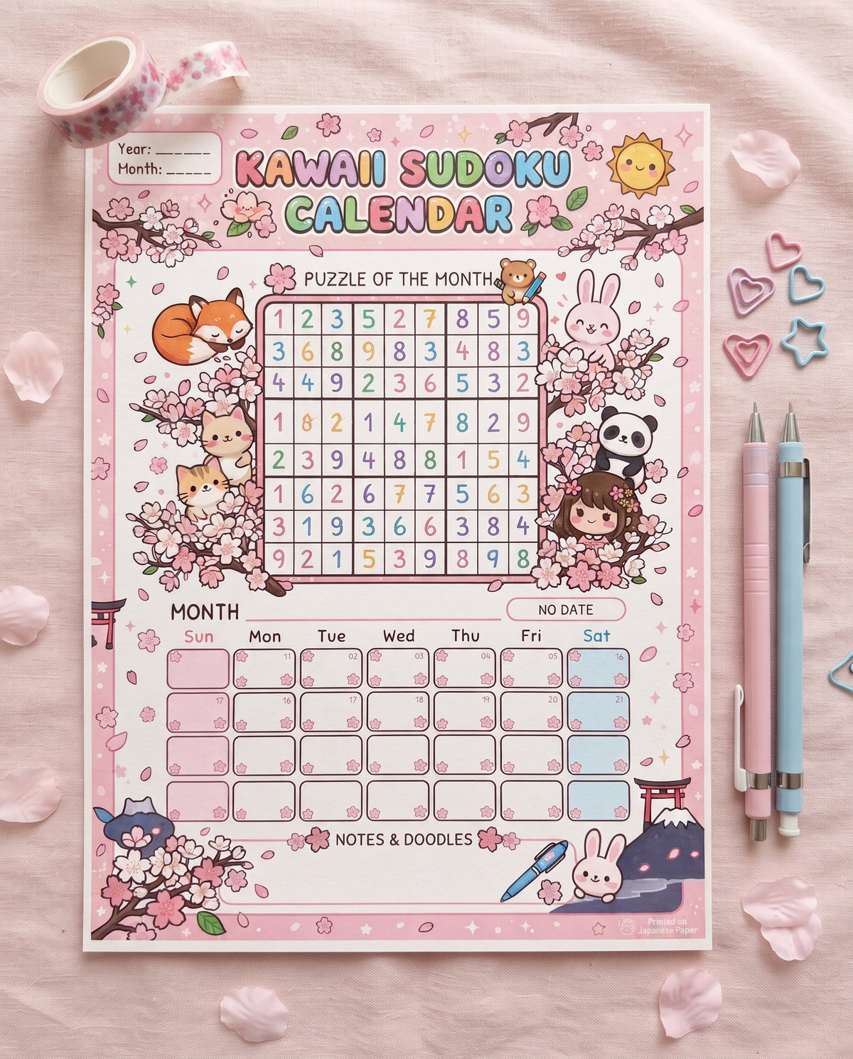 Kawaii Sudoku Digital Calendar