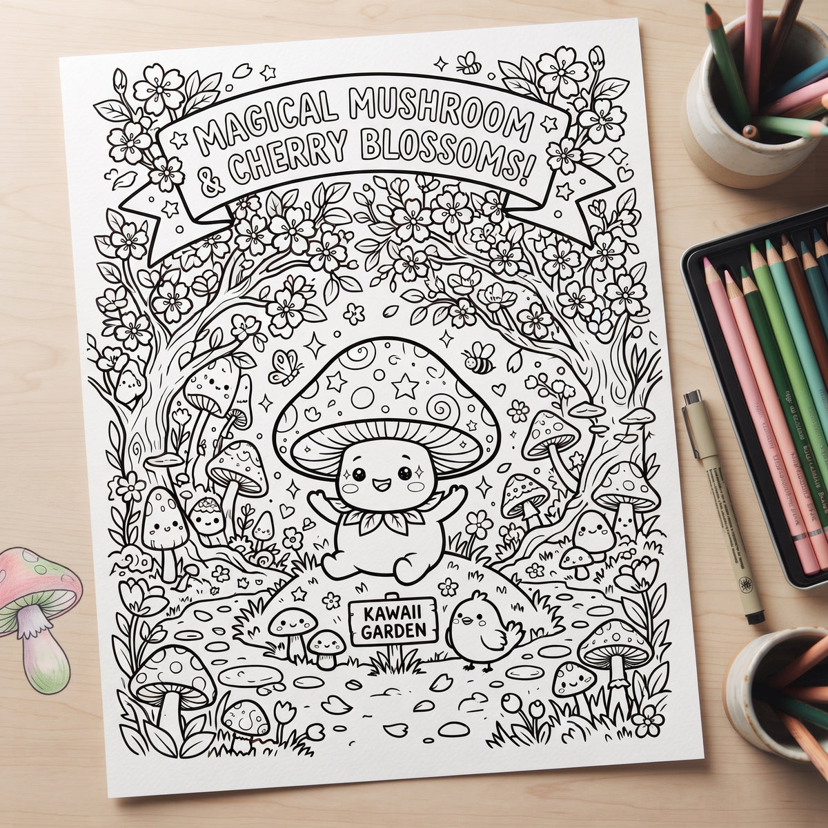 Magical Mushroom & Cherry Blossoms 8.5"x 11" Digital Coloring Page