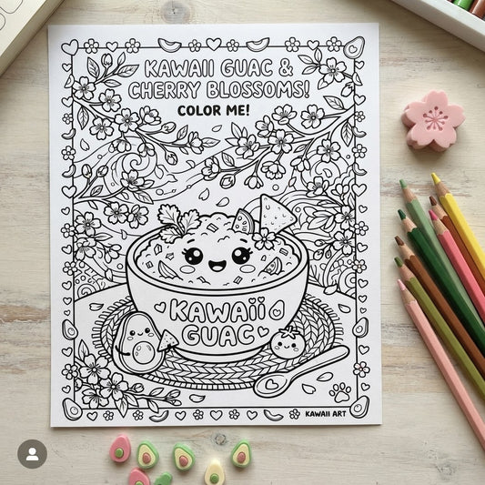 Kawaii Guac & Cherry Blossoms 8.5"x 11" Digital Coloring Page