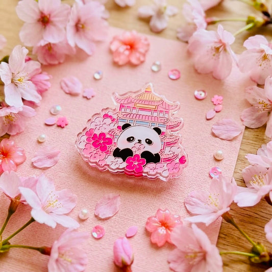 Flowered Panda Temple Cute Kawaii Acrylic Pin – Durable Pastel Lapel & Ita Bag Flair | Gift for Anime & Stationery Lovers
