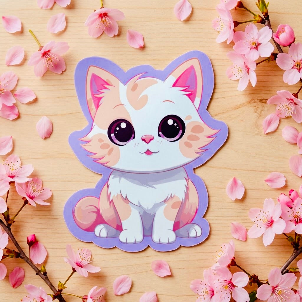 Fluffy Cat Kawaii Glossy Vinyl Sticker | Waterproof 2.5" Cute Aesthetic Decal for Water Bottles, Laptops, & Journals