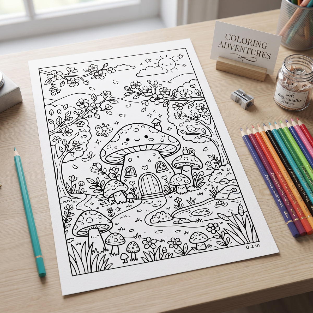 Magic Mushroom Home 4"x 6" Digital Coloring Page