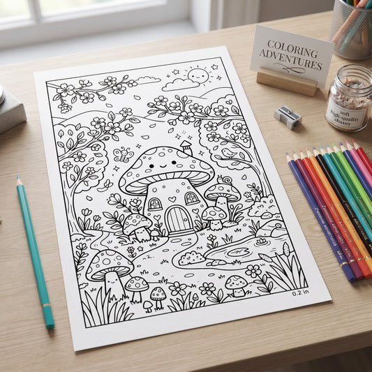 Magic Mushroom Home 4"x 6" Digital Coloring Page
