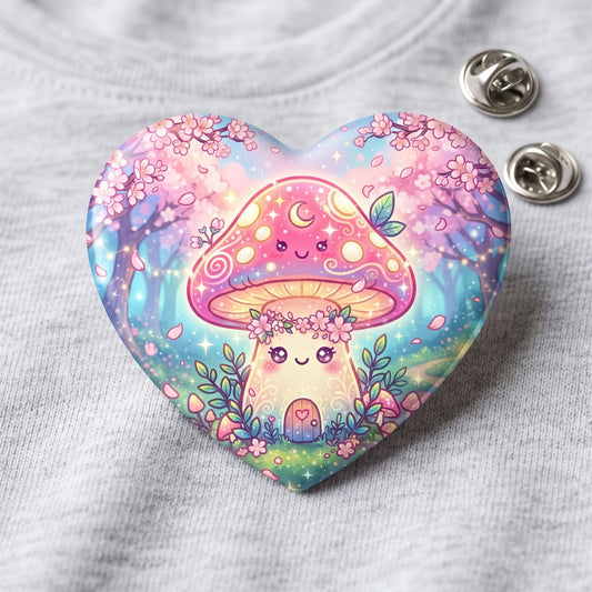 Magic Mushroom Glowing House Heart Button Pin
