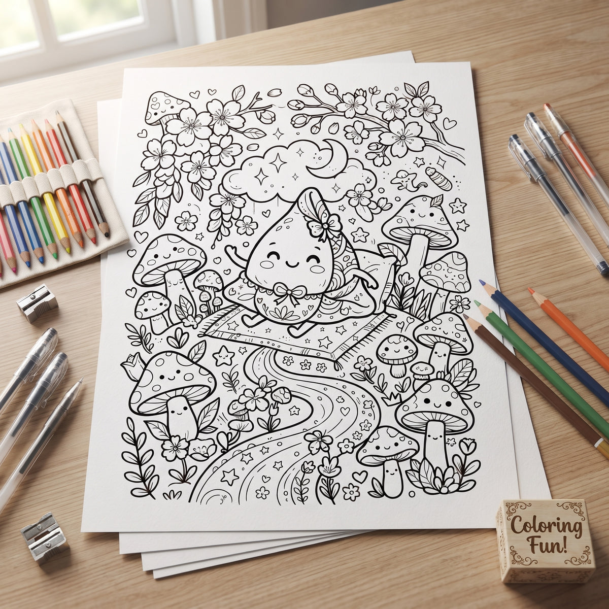 Samosa Whimsical Forest Picnic 8.5"x 11" Digital Coloring Page