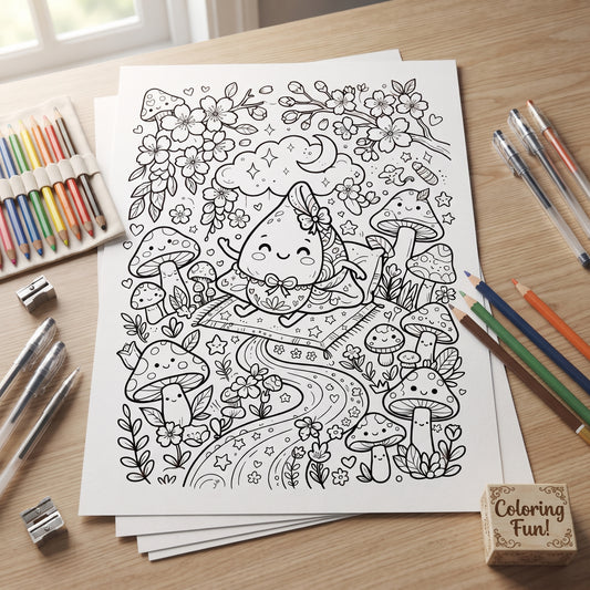 Samosa Whimsical Forest Picnic 8.5"x 11" Digital Coloring Page