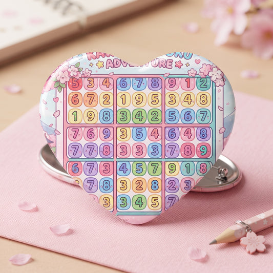 Kawaii Sudoku Adventure Heart Button Pin