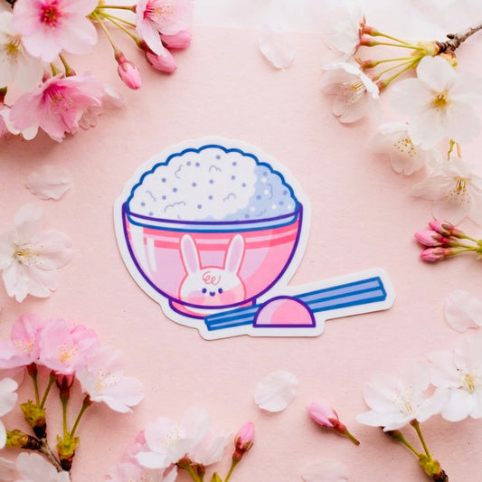 Cup of Rice Kawaii Glossy Vinyl Sticker | Waterproof 2.5" Cute Aesthetic Decal for Water Bottles, Laptops, & Journals
