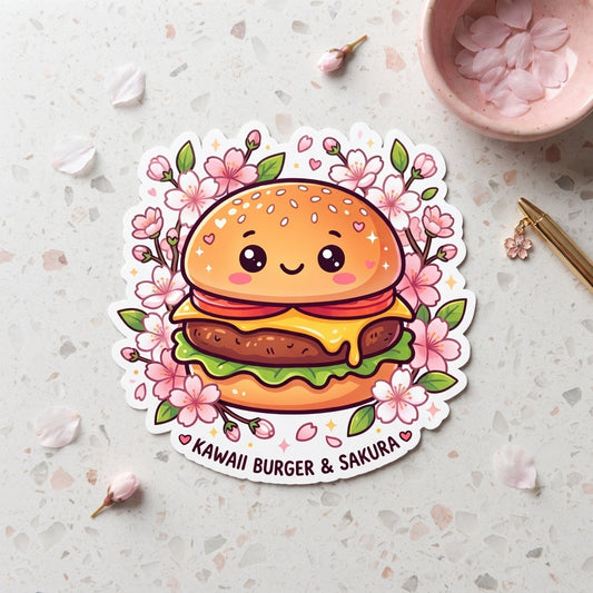 Kawaii Burger & Sakura Holographic Vinyl Sticker