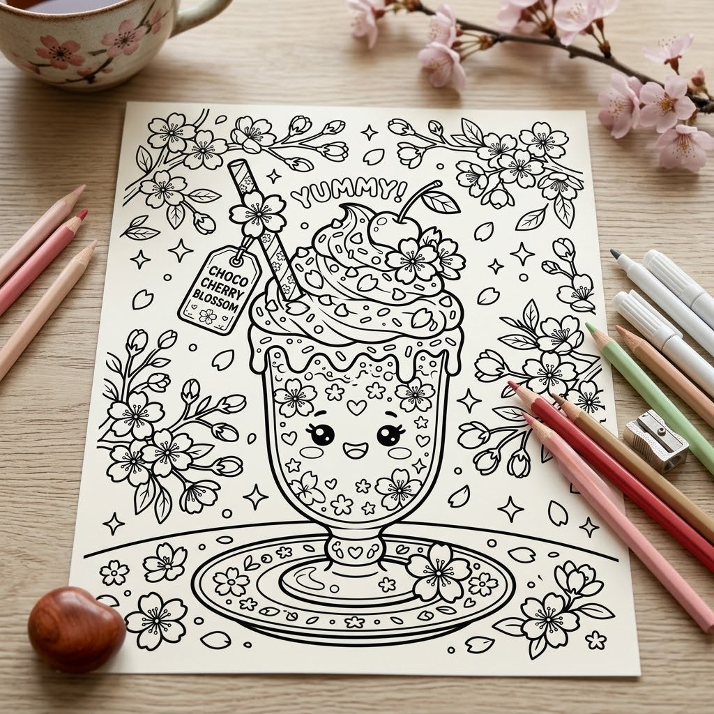Yummy Choco Cherry Blossom 8.5"x 11" Digital Coloring Page