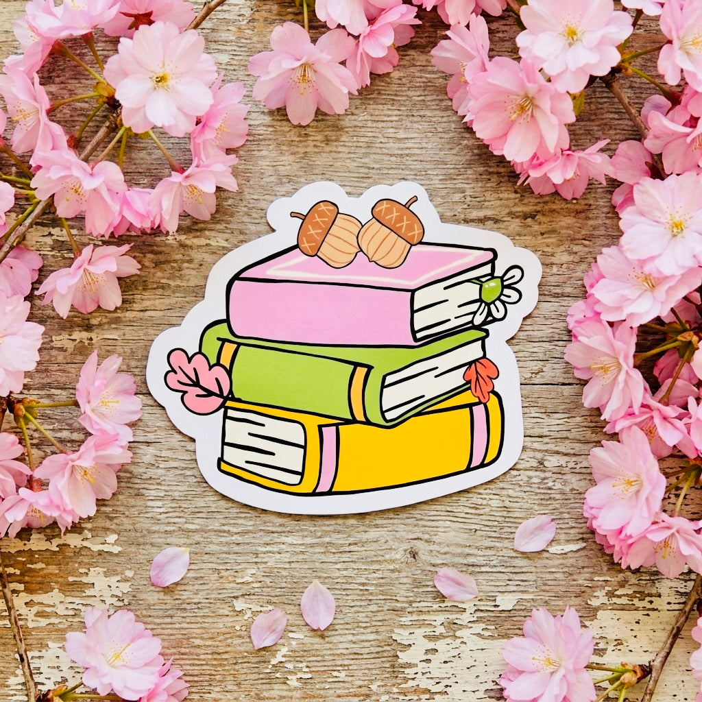 Nut Book Stack Kawaii Glossy Vinyl Sticker | Waterproof 2.5" Cute Aesthetic Decal for Water Bottles, Laptops, & Journals