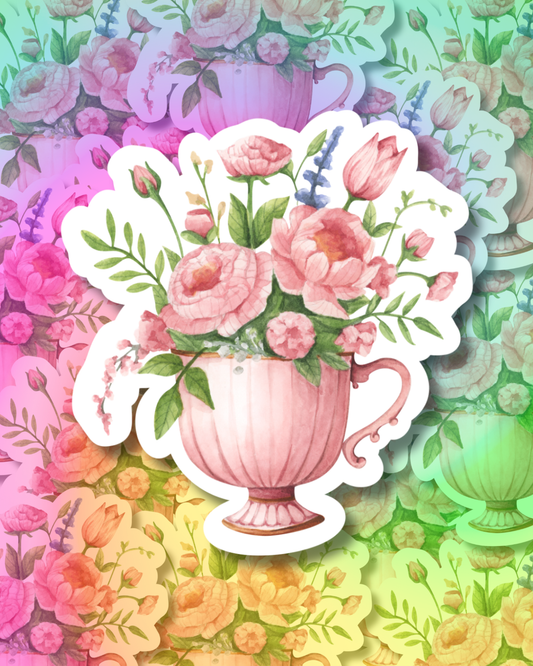 Pink Cup of Flowers Vinyl Sticker
