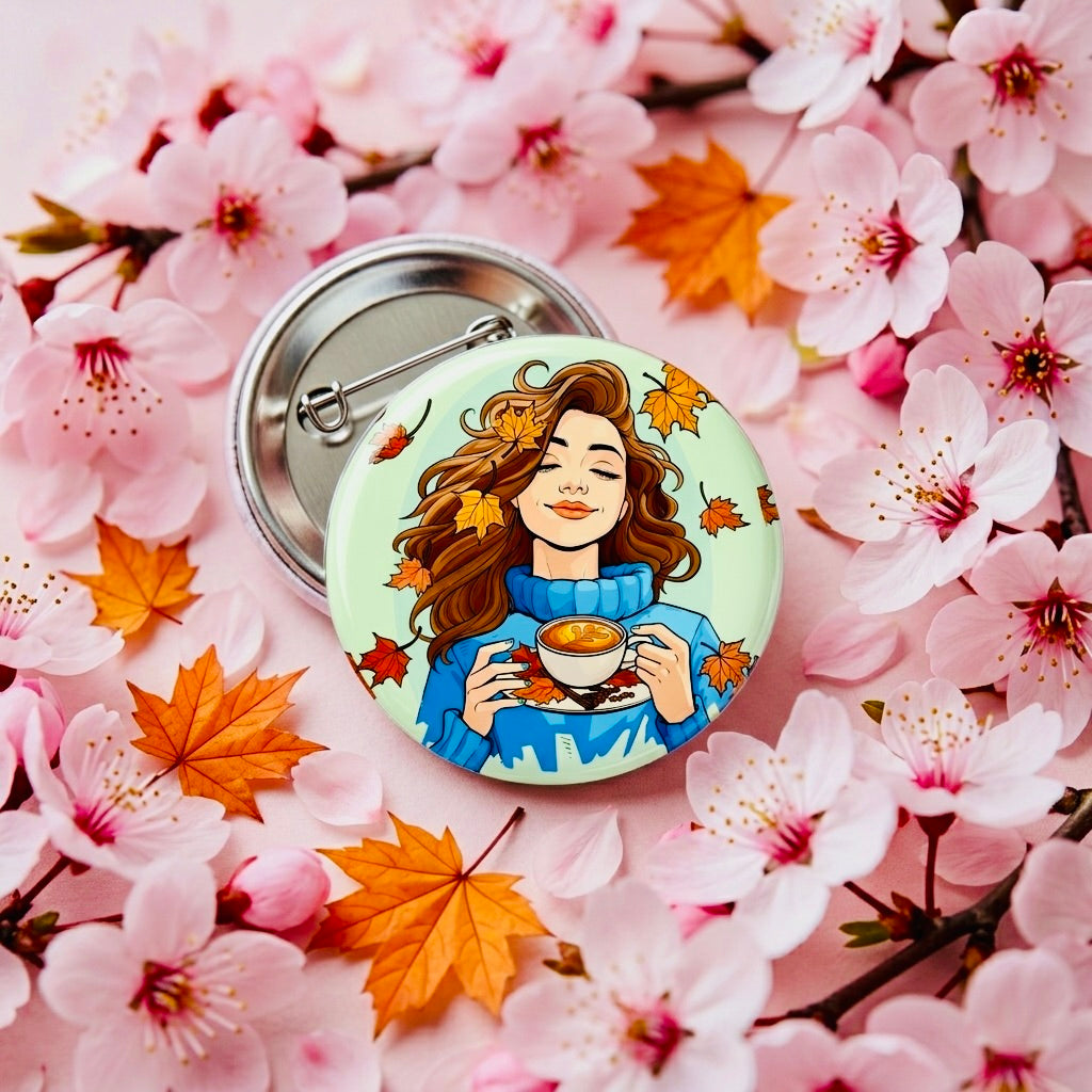 Pumpkin Spice Bliss Kawaii Button Pin | Cute 1" Mini Badge | Aesthetic Backpack Pin