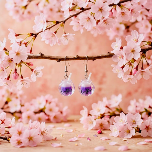 Purple Coffee Adorable Kawaii Acrylic & Resin Dangle Earrings | Cute Japanese Aesthetic Gift