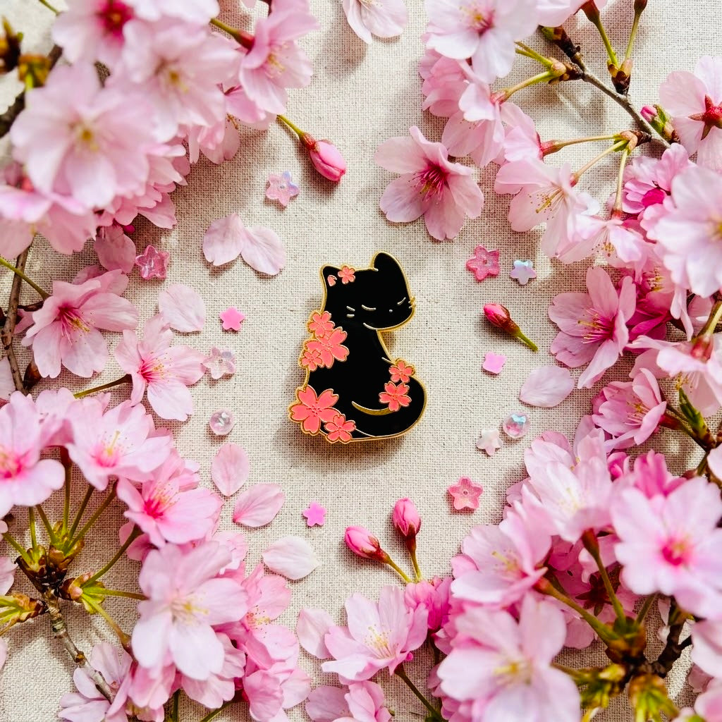 Sakura Black Cat Kawaii Cute Enamel Pin | Aesthetic Pastel Backpack & Jacket Lapel Pin
