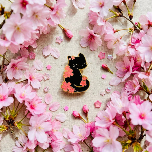 Sakura Black Cat Kawaii Cute Enamel Pin | Aesthetic Pastel Backpack & Jacket Lapel Pin