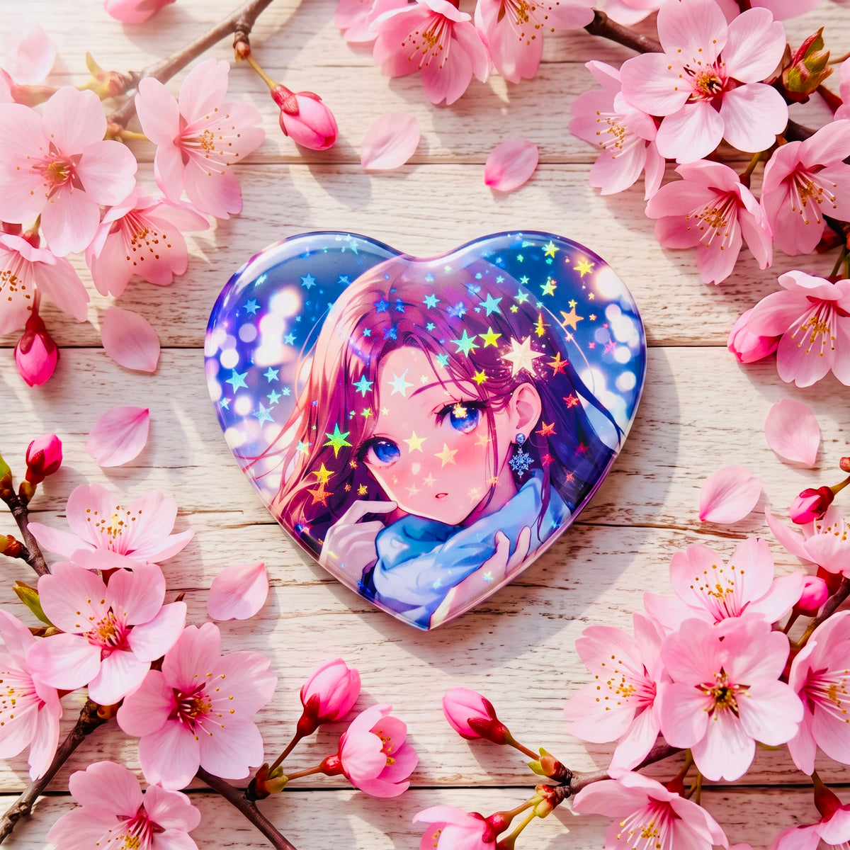 Snow Girl Kawaii Star Holographic Heart Button Pin | Cute Aesthetic Bag Accessory