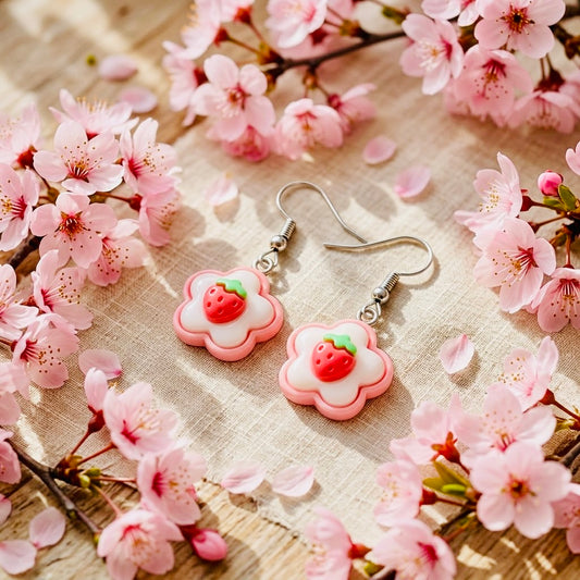 Strawberry Flower Adorable Kawaii Acrylic & Resin Dangle Earrings | Cute Japanese Aesthetic Gift