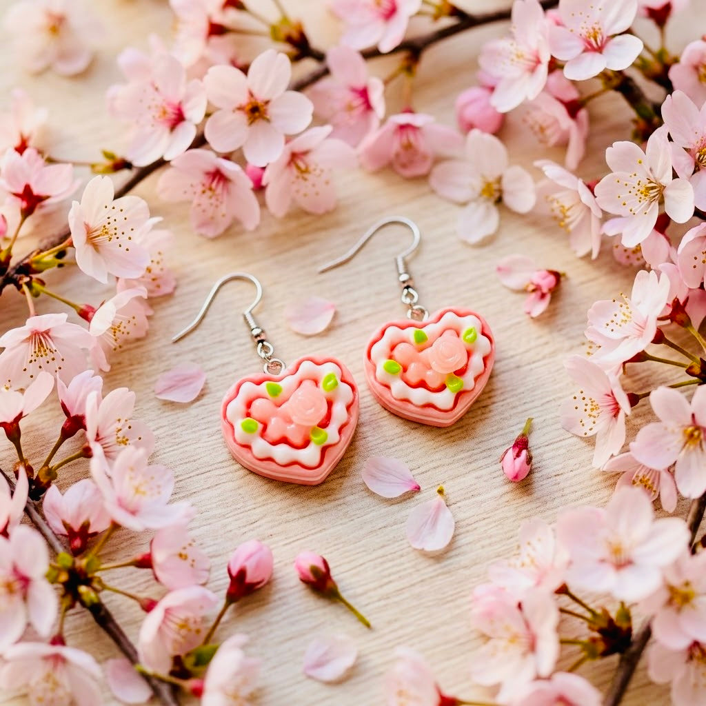 Strawberry Pink Cake Adorable Kawaii Acrylic & Resin Dangle Earrings | Cute Japanese Aesthetic Gift