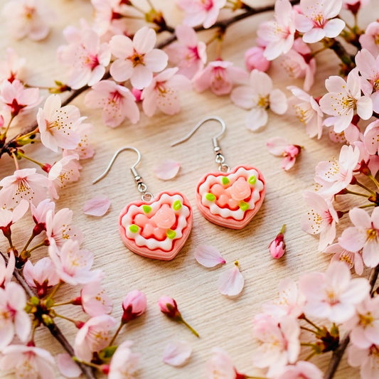 Strawberry Pink Cake Adorable Kawaii Acrylic & Resin Dangle Earrings | Cute Japanese Aesthetic Gift