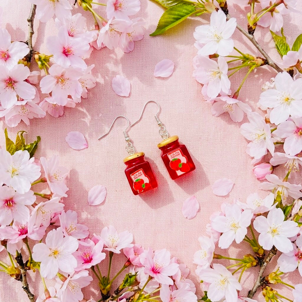 Strawberry Red Jam Adorable Kawaii Acrylic & Resin Dangle Earrings | Cute Japanese Aesthetic Gift