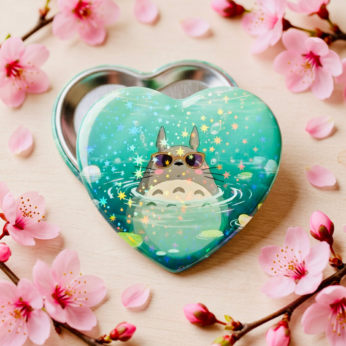 Totoro in The Sea Kawaii Star Holographic Heart Button Pin | Cute Aesthetic Bag Accessory