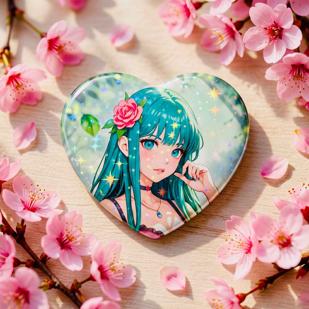 Tropical Girl Kawaii Star Holographic Heart Button Pin | Cute Aesthetic Bag Accessory