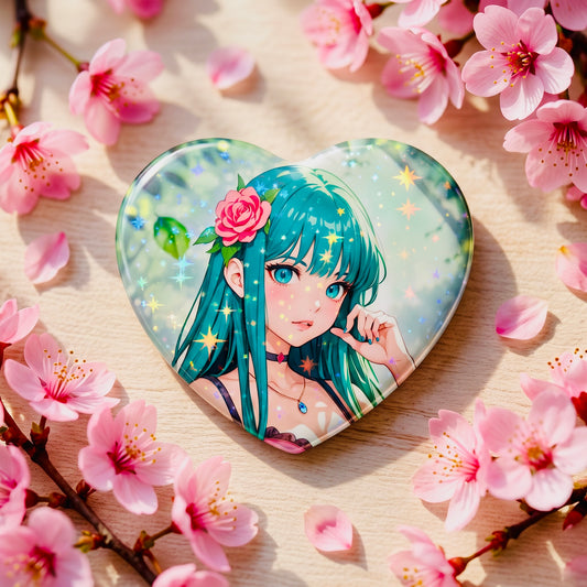 Tropical Girl Kawaii Star Holographic Heart Button Pin | Cute Aesthetic Bag Accessory
