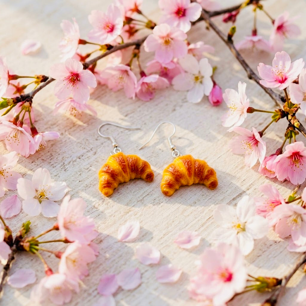 Warm Croissant Adorable Kawaii Acrylic & Resin Dangle Earrings | Cute Japanese Aesthetic Gift