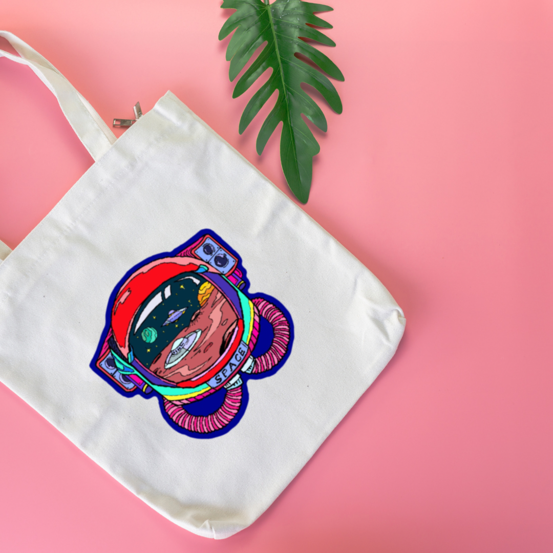 Colorful Astronaut Tote Bag Aesthetic Kawaii Gift Floral Print Handbag image 0